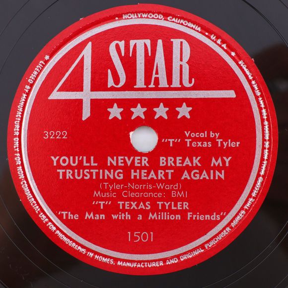 T Texas Tyler, Wrong Side Of Town /You'll Never Break 1950 10" 78 pm Record 1501 - Picture 3 of 16